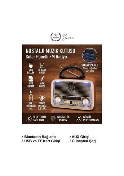 Nostaljikradyo Solar Panelli Retro Fm Radyo Bluetooth Hoparlör Şarjlı Led Fenerli Usb Tf Kart Mp3 Ç