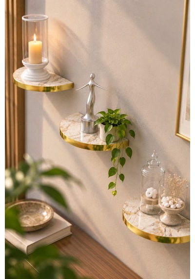 Sulorahome 3'lü Oval Duvar Rafı Seti Gold Kenarlı Efes Beyaz Mermer Desenli Altın - Beyaz