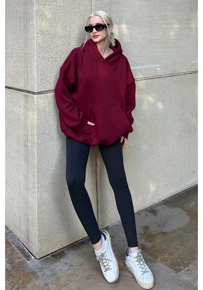Madmext Bordo Kapüşonlu Şardonlu Oversize Sweatshirt Mg1566 Bordo