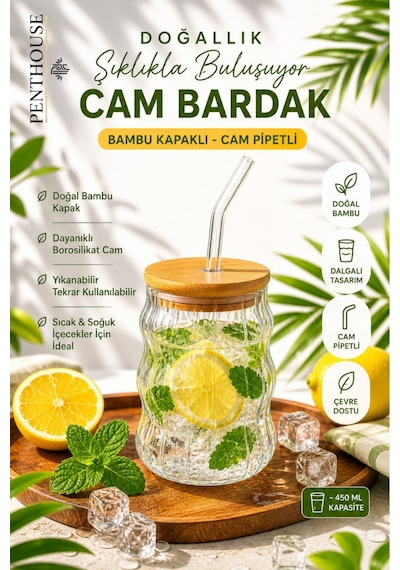 Bambu Kapaklı Cam Pipetli Bardak Sunum Bardağı Dalgalı Tasarım, Soğuk & Sıcak İçecek Uyumlu Şeffaf Cam