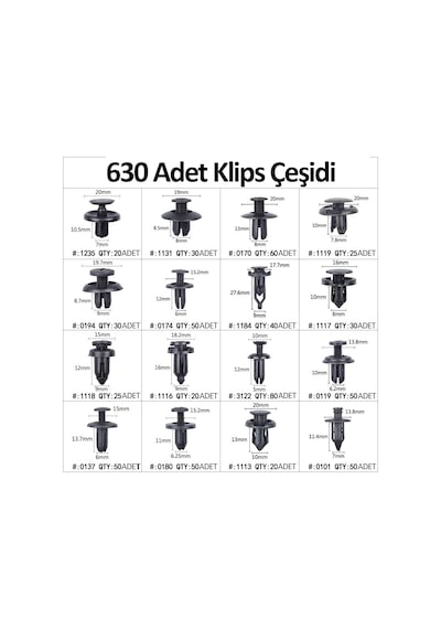 Klips Araba Kapı Tampon Plastik Panel İtme Pim Tutucu 630 Parça N11.3188