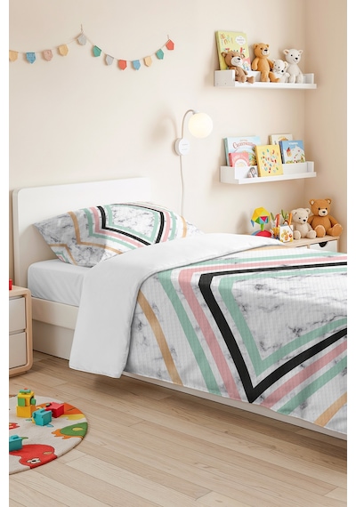 Mermer Geometrik Mint Genç Odası Tek Kişilik Pike Takımı - Pudra Antrasit 160x220 Cm Yatak Örtüsü Mistik Kadife Kıyısı