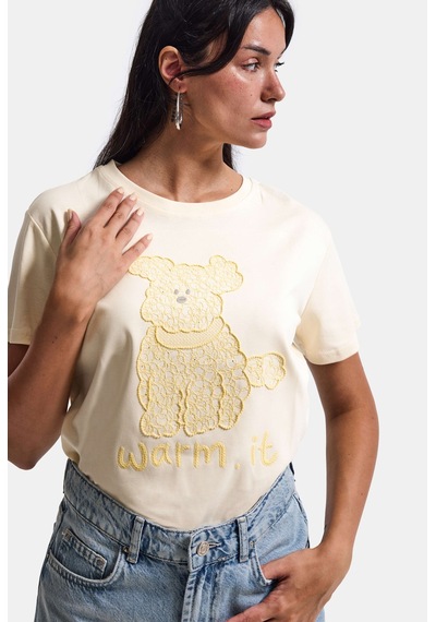 Kadın Bej Bol Kesim Köpüş Nakış Tasarım T-shirt Sarı