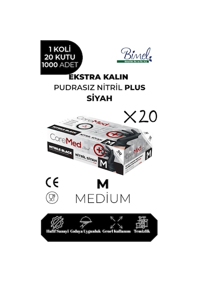 Ekstra Kalın Nitril Siyah Plus Muayene Eldiveni M - 1 Koli 20 Paket 50'li