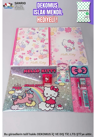 "dekomus Islak Mendil Hediyeli" Lisanslı Hello Kıtty 8 Parça Kırtasiye Seti 2 Adet Çizgli A4 Defter,versatil Uçlu Kalem,silgi,dosya Altın