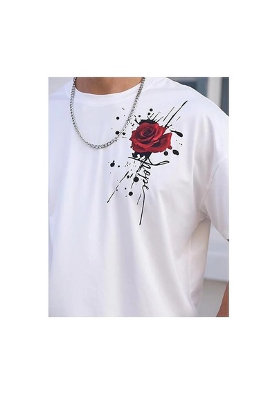 Erkek Kısa Kol Yazlık Tişört Bisiklet Yaka Gül Baskılı T-shirt - Beyaz Siyah
