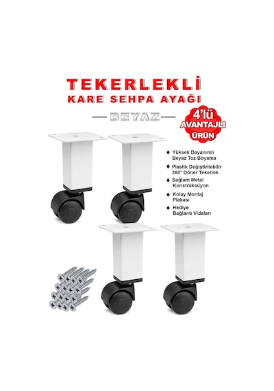 4 Adet Beyaz Kare Plastik Tekerlekli Mobilya Sehpa Ayağı