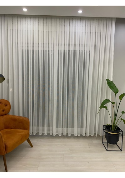 4042 Desenli Modern Ekru Tül Perde 1/3 Sık Pileli Ekru