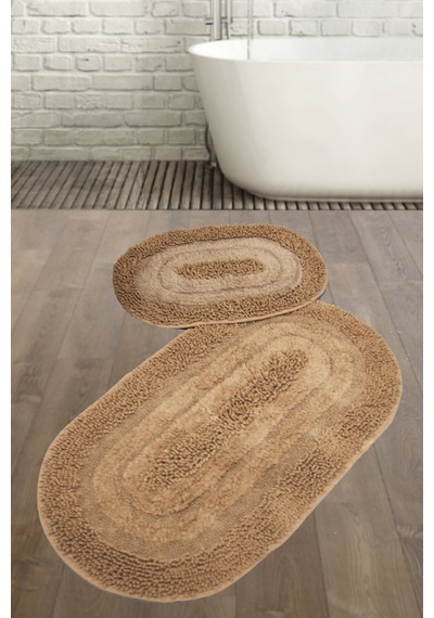 Doğal Pamuklu Spagetti Oval Kapuçino 2'li Banyo Paspası Seti Banyo