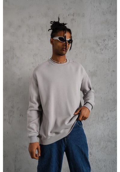 Barlashive Erkek Düz Bisiklet Yaka 3 İplik Sweatshirt - Boyalı Gri Çok Renkli