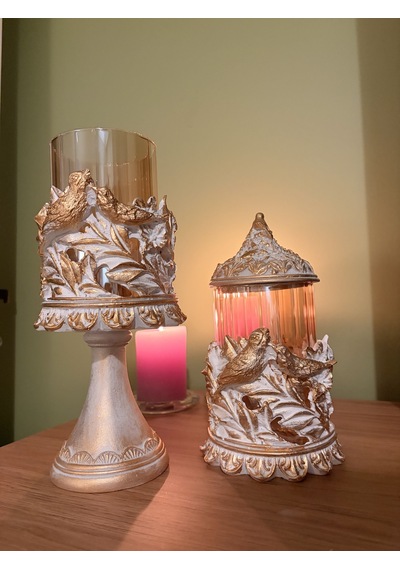 Kuşlu Ayaklı Ve Kapaklı Dekoratif Cam Mumluk & Şekerlik Seti Beyaz Altın Varak Eskitme 2'li Şamdan & Kavanoz 27x12 Cm & 23x12 Cm Çok Renkli 86905866