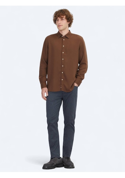 Kip Kahverengi Regular Fit Dokuma Casual Gömlek Kahverengi