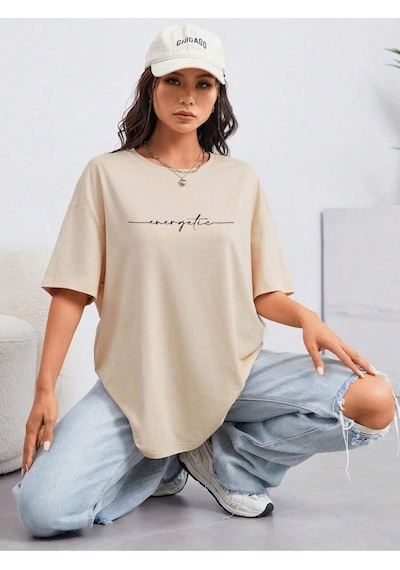Uyguntarz Unisex Energetic Baskılı Tasarım Tshirt Bej