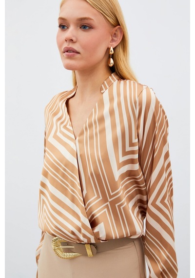 Sateen Kruvaze Desenli Bluz - Kahve-134988 Kahve Sateen Kruvaze Desenli Bluz - Kahve-134988 Kahve
