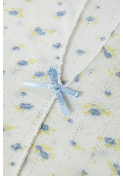 Kadın Kısa Kollu Fiyonklu İndigo Fitilli Pijama Takımı Kk30131 Ekru - Mavi