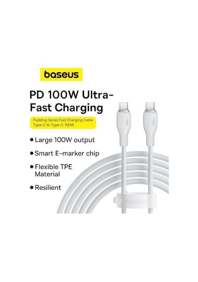 Baseus Pudding Serisi Hızlı Şarj Kablosu, Yüksek Hızlı Veri İletimi Özelliğiyle, Type-c - Type-c, 100w 5a, 1.2m - Beyaz