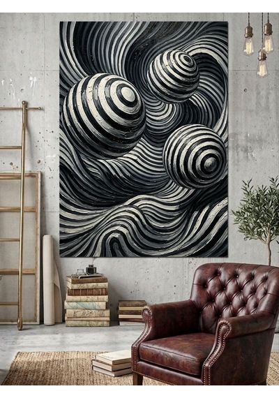 Siyah Beyaz Spiral Küreler Dalga Optik Dekoratif Kanvas - Mdf Ahşap Tablo Çok Renkli