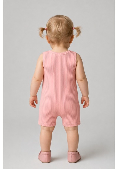 Babyden's Kız Bebek Tulum Yazlık %100 Pamuk Ribana Kolsuz Tavşan Baskılı Çıtçıtlı Bebek Tulumu 0-9 Ay Somon