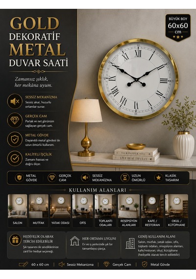60 Cm Gold Metal Dekoratif Roma Rakamlı Duvar Saati Dekoratif Metal Roma Rakamlı