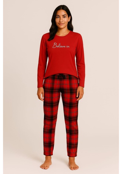 Pemilo Kadın Uzun Kol 20362 Milan Pijama Takımı Kırmızı Kırmızı
