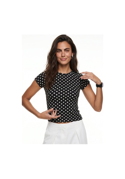 Onloox Kadın Siyah Siyah Beyaz Likralı Esnek Kumaş Bisiklet Yaka Kısa Kollu Crop Puantiye Desenli T-shirt