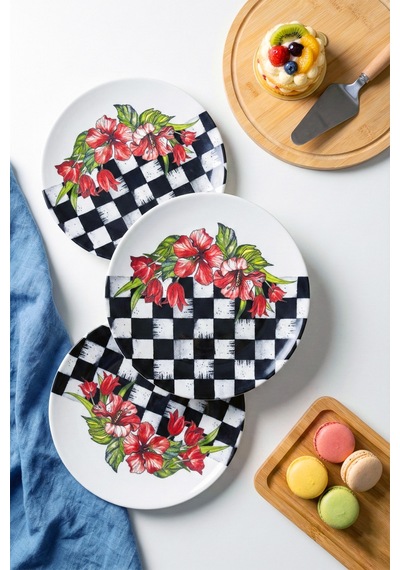 Grandora Siyah Beyaz Dama Ve Çiçek Desenli 6 Adet, 20 Cm Modern Pasta Tatlı Tabağı Seti Siyah-beyaz