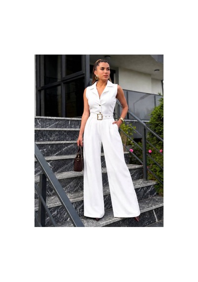 Meecy Kadın Zra Model Sıfır Kol Düğmeli Kemerli Tulum Beyaz Beyaz