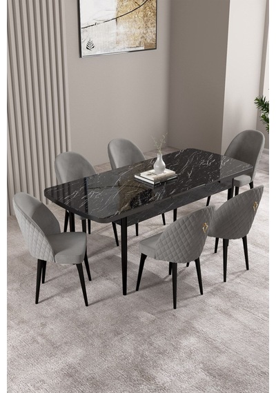 Milas Siyah Mermer Desen 80x132 Mdf Açılabilir Mutfak Masası Takımı 6 Adet Sandalye Gri Milas Siyah Mermer Desen 80x132 Mdf Açılabilir Mutfak Masası Takımı 6 Adet Sandalye Gri