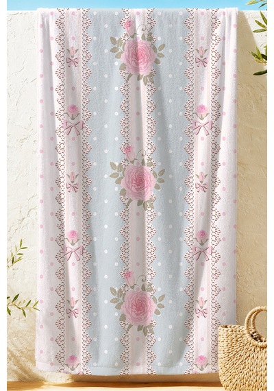 Gül Çiçekli Dantel Detaylı Plaj Havlusu-vintage Romantik Pastel Mavi Hızlı Kuruyan Mikrofiber Havlu Kül Karamel
