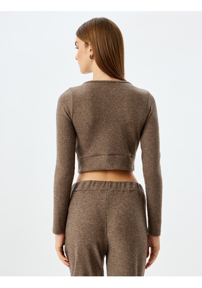 Koton Uzun Kollu Düğmeli V Yaka Crop Örme Pijama Üstü Vizon 5wlk40187mk