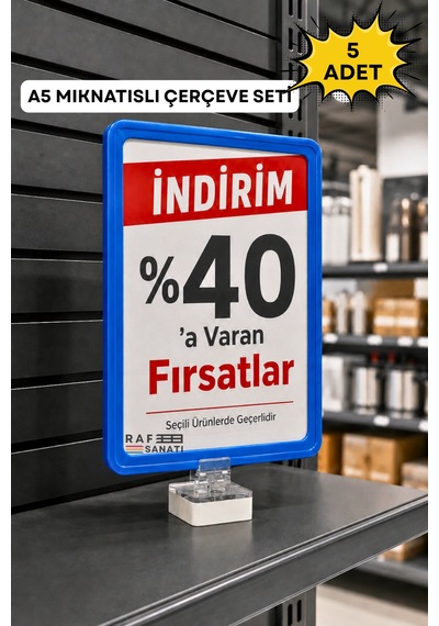 5 Adet - A5 Mıknatıs Tutuculu Fiyatlık Etiketlik Dikey Yatay Ve Bilgilendirme Çerçevesi Mavi