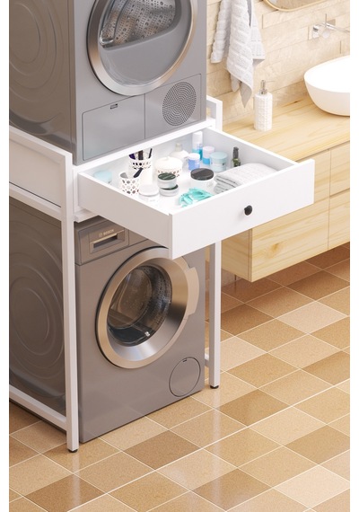 Çamaşır Sepeti Çekmeceli Çamaşır Makinası Ve Kurutma Makinası Rafı Makina Üstü Banyo Düzenleyici Raf Ekru