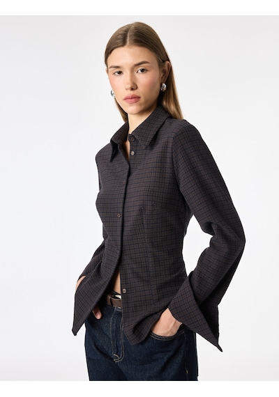 Koton Düğmeli Uzun Kollu Slim Fit Ekose Gömlek Kahverengi Ekose 7wak60050pw KAHVERENGİ EKOSELİ