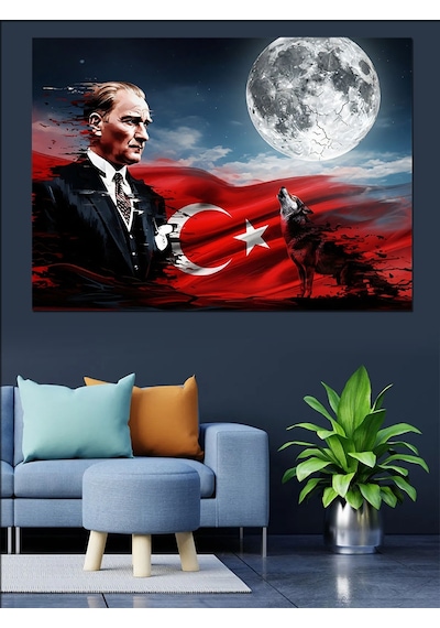 Atatürk Ve Ay Yıldızlı Bayrak Dekoratif Kanvas - Mdf Ahşap Tablo