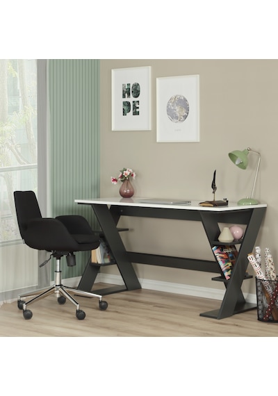 Pasific Home Lungo Raflı Çalışma Masası, Ofis Masası, 60X140 Cm, Antrasit&Beyaz Antrasit  -  Beyaz