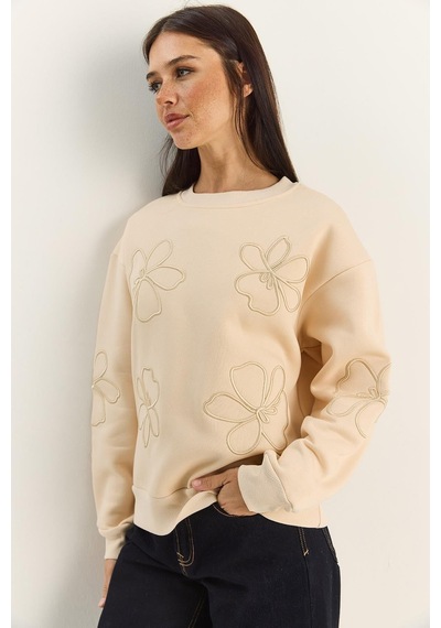 Shade Kadın Çiçek Eva Nakış Üç İplik Şardonlu Sweatshirt 60601046 - Bej