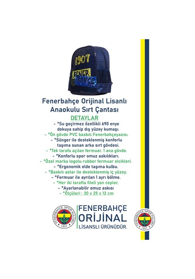 Fenerbahçe Orijinal Lisanslı Anaokulu Çantası Fb Sarı Lacivert Çanta 010 Lacivert