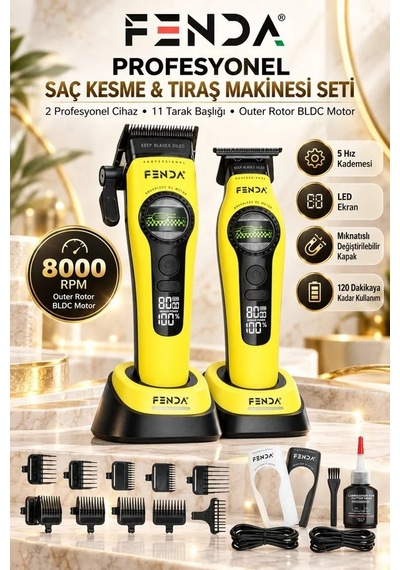 Fenda Profesyonel Saç, Ense Ve Sakal Tıraş Makinesi Seti Sarı Fndsacksset0020