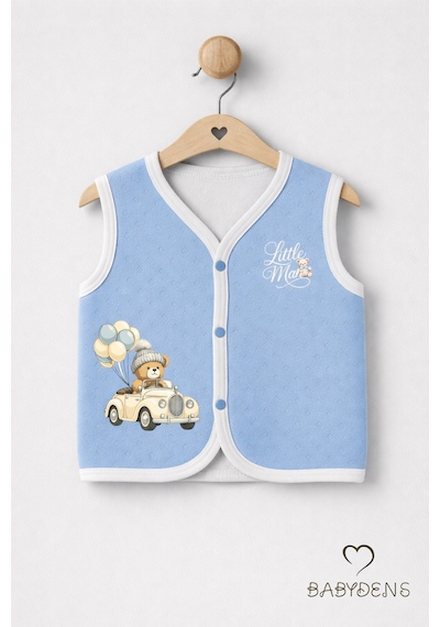 Babyden's Erkek Bebek Yelek Pamuklu Çıtçıtlı Elmas Jakarlı Ayıcık Baskılı Yenidoğan Bebek Yeleği Mevsimlik Mavi