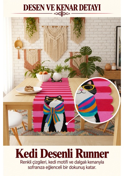 Vivanni Home Yıkanabilir Dikdörtgen Runner Günlük Kullanıma Uygun, Pratik Ve Uzun Ömürlü Pembe Kedi