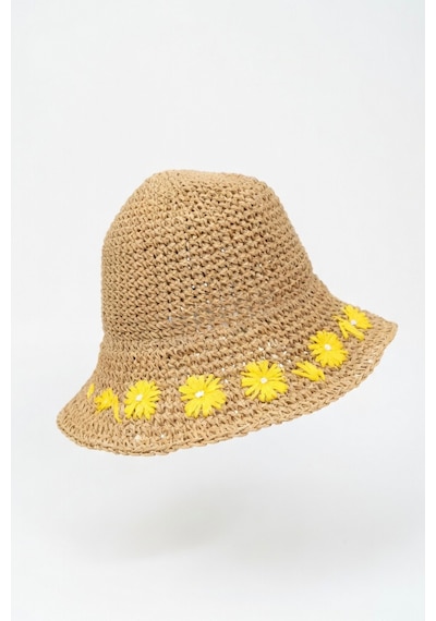 Mollycrush Kadın Hasır Papatya Desenli Yazlık Plaj Şapkası Ayarlanabilir Bağcıklı Retro Bucket Hasır