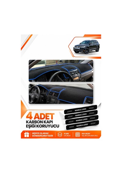 Volkswagen Touareg 2002-2010 Uyumlu Ön Torpido Koruma Kılıfı Halısı Örtüsü - Siyah Mavi
