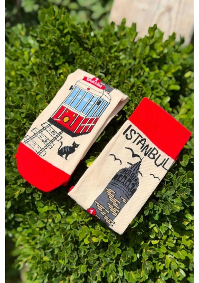 Lousocks Unisex İstanbul Nostaljik Tramvay Desenli Krem Soket Çorap