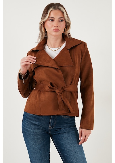 Lela Regular Fit Kruvaze Yaka Kuşaklı Süet Dokulu Bayan Ceket 6839640 Taba