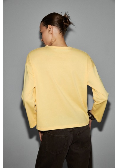 Grımelange Basıl Kadını Oversize %100 Organik Pamuk Örme Uzun Kol Sarı T-shirt Sarı