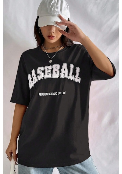 Unisex Baseball Baskılı Oversize Tshirt Siyah