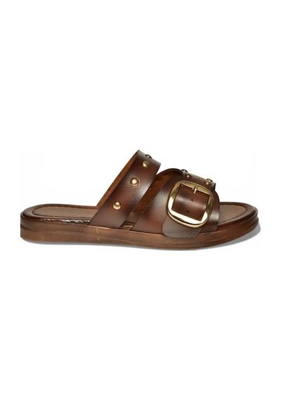 Fox Shoes Y390450703 Siyah Hakiki Deri Zımba Detaylı Kadın Terlik Kahverengi