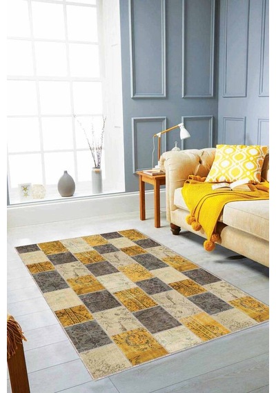 Sarı Patchwork Kaymaz Taban Makinede Yıkanabilir Halı Rv227n11