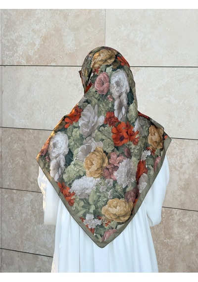 Qalortex Scarf Pamuklu Gonca Desen Eşarp - Haki