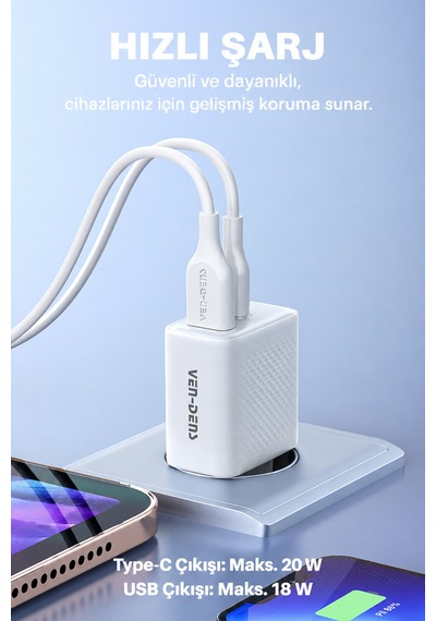 Ven-dens Vd-tc019bac 20 W Type-c Ve 18 W Usb-a Çift Port Hızlı Şarj Adaptörü, Kompakt Tasarım, Beyaz